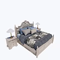 Classic White Double Bed With Carved Headboard Gray Pillows And Patterned Quilt 3d model