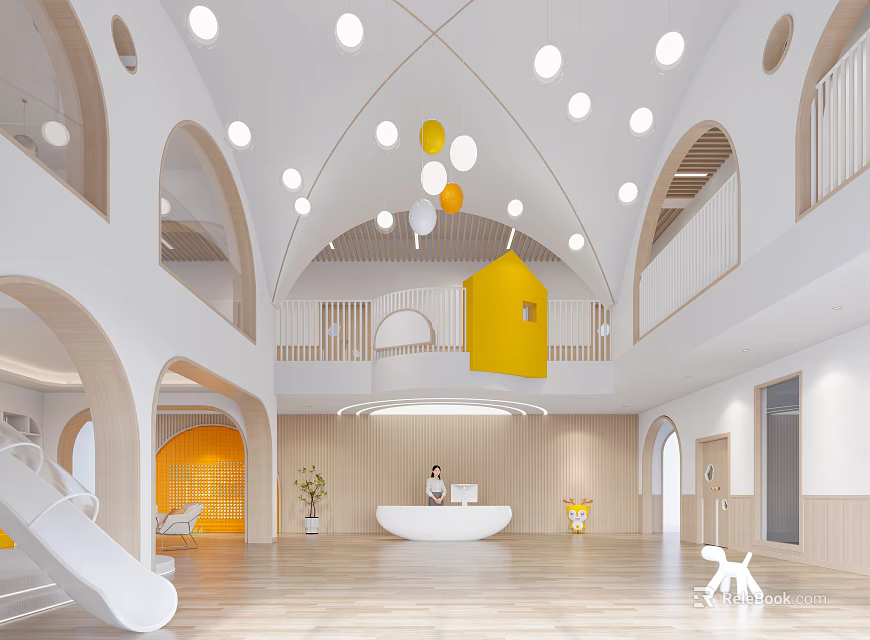 Bright Spacious Kindergarten Interior With Arched Design And Play Areas 3d model 