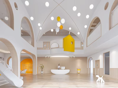 Bright Spacious Kindergarten Interior With Arched Design And Play Areas 3d model