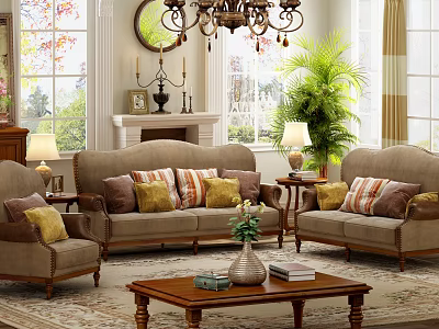 Cozy Traditional Sofa And Coffee Table Set With Colorful Pillows Vase Books Fireplace And Plants 3d model