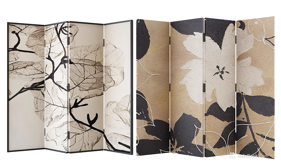 Artistic Decorative Folding Room Divider Screen With Leaf Branch and Flower Patterns 3d model