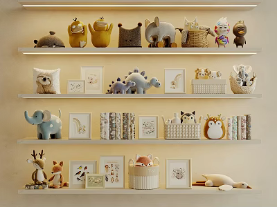 Adorable Plush Toys Display on Multi Layered Shelves with Picture Frames Books and Baskets 3d model