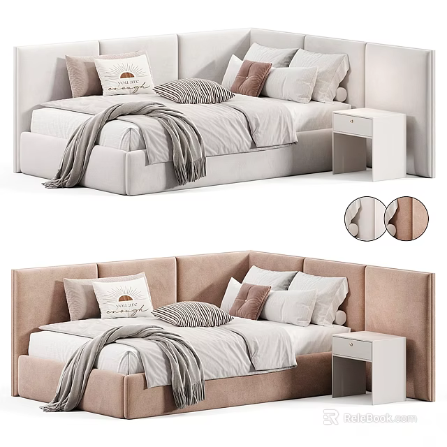 Soft Upholstered Kids Bed With Multiple Decorative Pillows And White Nightstand 3d model