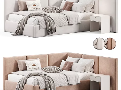 Soft Upholstered Kids Bed With Multiple Decorative Pillows And White Nightstand 3d model