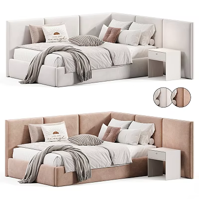 Soft Upholstered Kids Bed With Multiple Decorative Pillows And White Nightstand 3d model