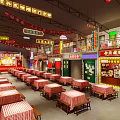 Traditional Chinese Food Street Restaurant With Red Lanterns Neon Signs And Long Tables