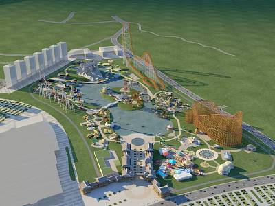 Scenic Amusement Park Landscape with Roller Coaster Water Pools Rides and Green Lawns 3d model