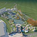 Scenic Amusement Park Landscape with Roller Coaster Water Pools Rides and Green Lawns