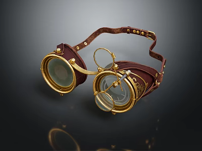 Vintage Leather Goggles With Round Lenses Brown Leather Strap And Gold Decorations 3d model