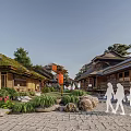 Traditional Garden Space With Thatched Roof Architecture Stone Path Green Plants And Pedestrians