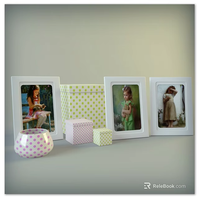 White Photo Frames With Polka Dot Boxes And Decorative Accent Pieces For Home Decor 3d model 