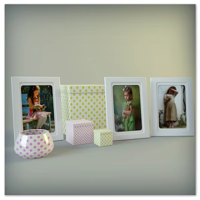 White Photo Frames With Polka Dot Boxes And Decorative Accent Pieces For Home Decor 3d model