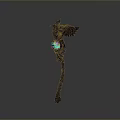 Mystical Winged Staff Weapon with Blue Glowing Elements and Ornate Wooden Structure