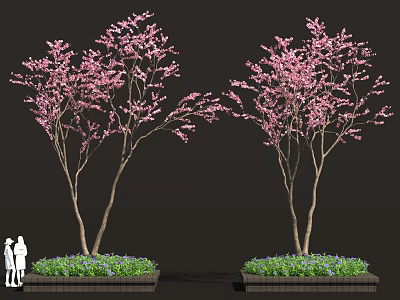 Flowering Shrubs With Pink Blossoms In Rectangular Planter Boxes And Green Base Foliage 3d model