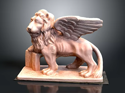 Classic Winged Lion Statue With Intricate Design And Stone Pedestal Base 3d model
