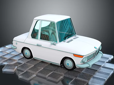 Vintage White Small Car With Retro Design On Checkerboard Floor 3d model