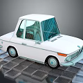 Vintage White Small Car With Retro Design On Checkerboard Floor