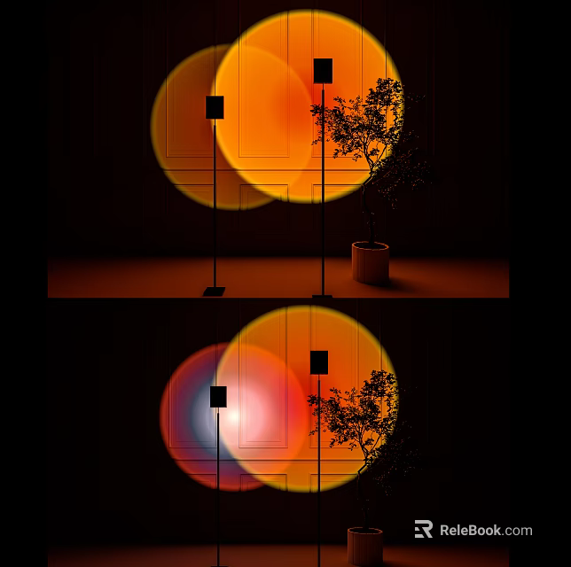 Modern Floor Lamp With Circular Light Projection And Potted Plant In Indoor Space 3d model 