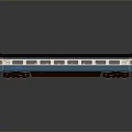 Blue And White Modern Model Train Carriage With Black Roof Windows And Reflective Surface
