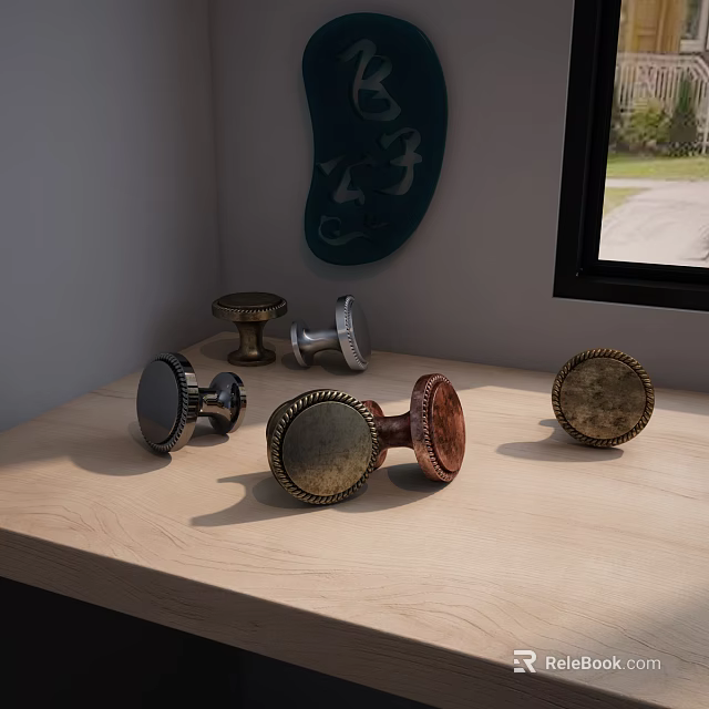 Various Decorative Handles with Different Materials and Designs on Wooden Tabletop 3d model 