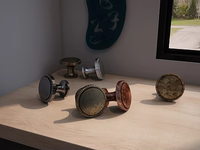 Various Decorative Handles with Different Materials and Designs on Wooden Tabletop 3d model