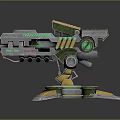 Futuristic Sci-Fi Mechanical Device With Metallic Structure Green Accents Gold Details And Glowing Base Stand