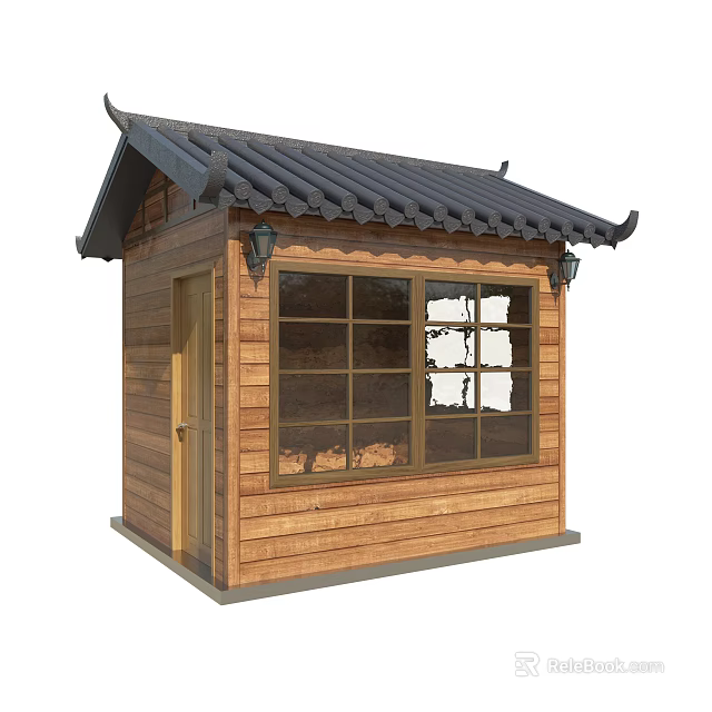 Traditional Japanese Style Wooden Cabin With Black Tiled Roof And Large Windows 3d model 