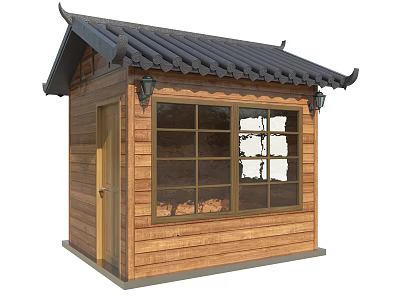 Traditional Japanese Style Wooden Cabin With Black Tiled Roof And Large Windows 3d model