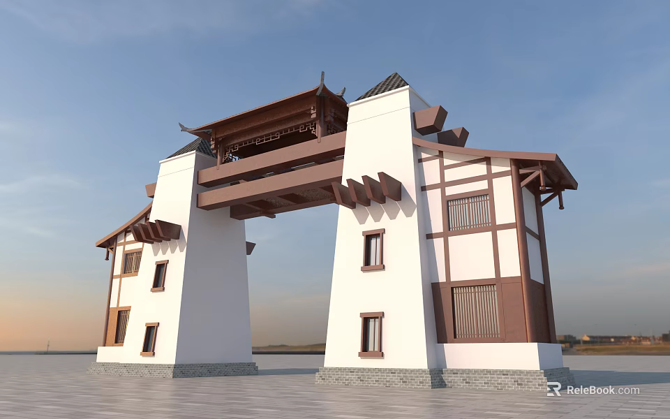 Traditional Chinese Archway With Classic Design Symmetric Structure And White Brown Facade 3d model 