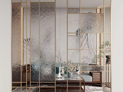 Elegant Modern Room Divider With Gold Frame And Textured Glass In Living Space 3d model