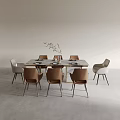Modern Minimalist Dining Table Set With Chairs And Tabletop Greenery In Neutral Tones 3d model
