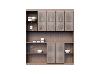 Modern Wooden Sideboard Cabinet With Lattice Doors And Tableware On Shelves 3d model
