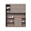 Modern Wooden Sideboard Cabinet With Lattice Doors And Tableware On Shelves