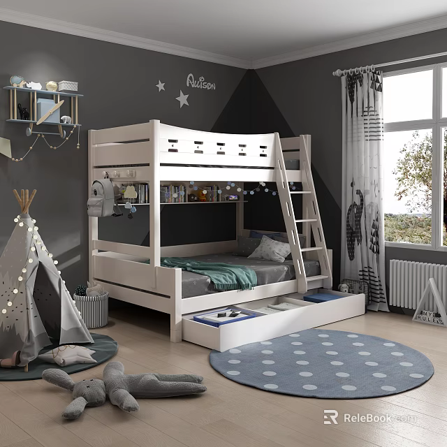 Kids Bedroom With Bunk Bed Teepee Tent And Storage Drawers 3d model 