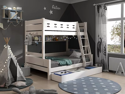 Kids Bedroom With Bunk Bed Teepee Tent And Storage Drawers 3d model