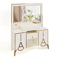 White Modern Vanity Table With Gold Accents Mirror Drawer And Cabinet Doors