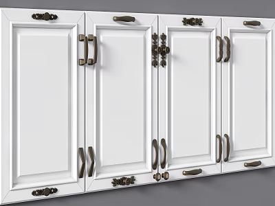 White Cabinet Doors With Various Metal Handles And Elegant Hardware Details 3d model