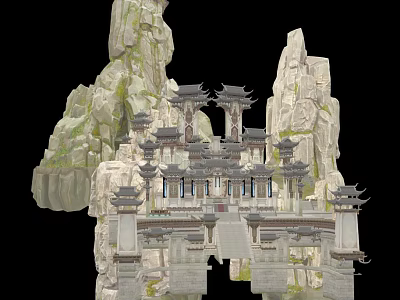 Ancient Chinese Architecture With Traditional Roof Structures And Multi Tiered Pavilions Against Rocky Mountains 3d model
