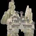 Ancient Chinese Architecture With Traditional Roof Structures And Multi Tiered Pavilions Against Rocky Mountains
