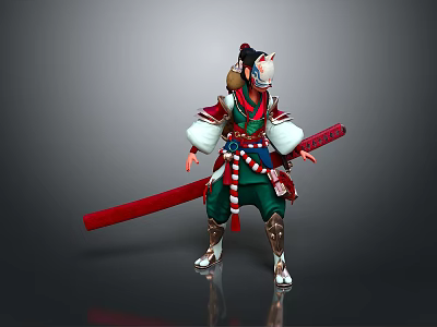 Game and Movie Character With Mask Green Red Outfit Standing Holding Long Sword 3d model