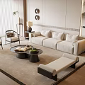 Modern Living Room Sofa and Coffee Table Combination with Armchairs and Decorative Lamps