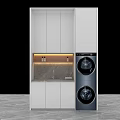Home Balcony Laundry Space Design With Washing Machine Dryer Storage Cabinets And Lighting