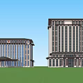 Two Modern Office Buildings With Traditional Style Roof And Green Lawn Under Blue Sky