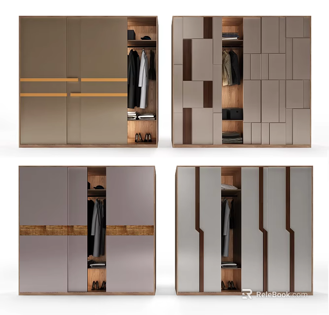 Elegant Modern Wardrobe Design With Wooden Panels Mirror Doors And Storage Shelves 3d model 