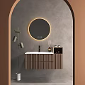 Modern Bathroom Vanity Design With Round Backlit Mirror Gray Wall Beige Cabinet And Toiletries