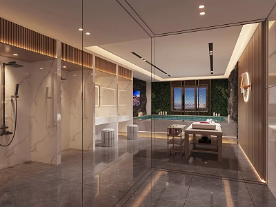 Modern Spa Bathroom Interior With Glass Partition Marble Walls And Freestanding Bathtub 3d model
