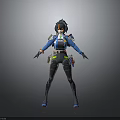 Tech Inspired Humanoid Character With Blue Black Outfit Green Waist Gear Short Hair Look
