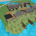 Scenic Lakefront Hotel Building With Dome Shaped Wooden Cabins Surrounded by Green Trees