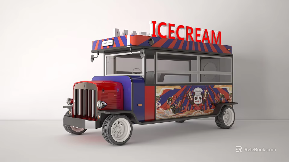 Red And Blue Ice Cream Truck With ICE CREAM Sign And Decorative Graphics 3d model 