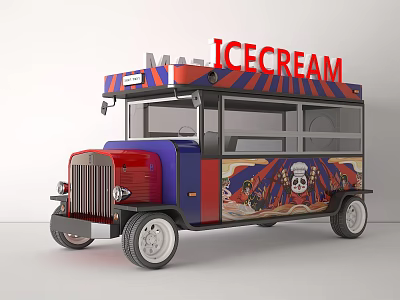 Red And Blue Ice Cream Truck With ICE CREAM Sign And Decorative Graphics 3d model